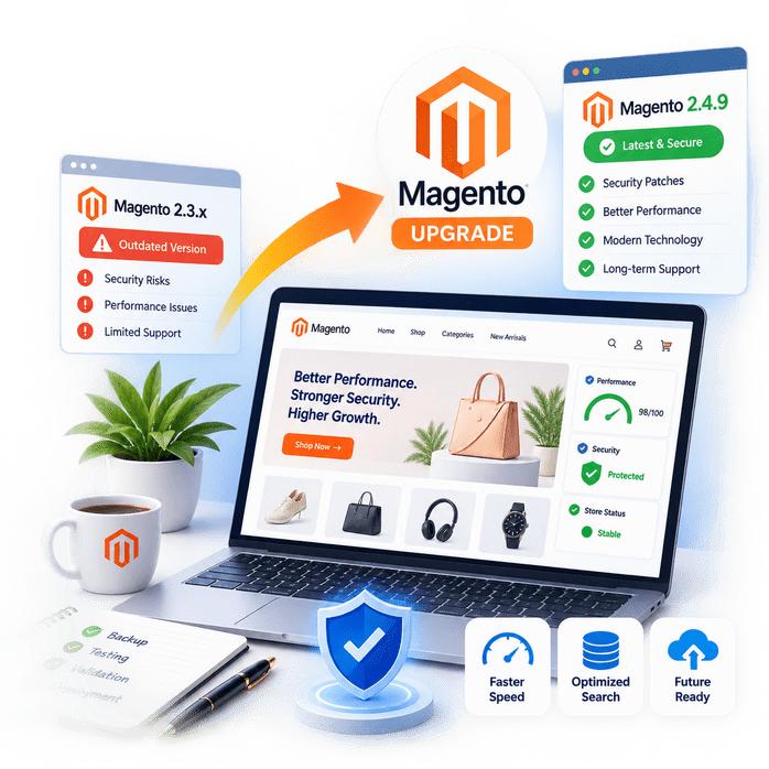 Magento 2.4.9 upgrade from an older Magento version with improved security, performance, and compatibility